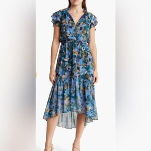 Vince Camuto Blue Floral Dress Floral Flutter Sleeve Chiffon High-Low Midi Dress